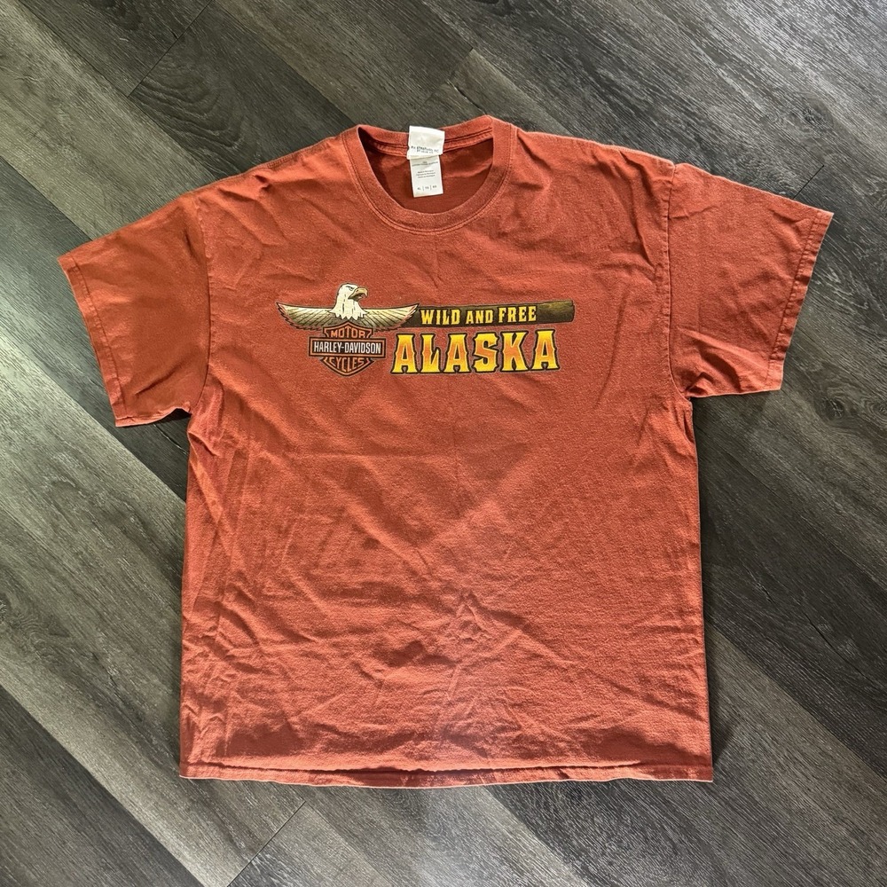 Harley Davidson Alaska T-Shirt Mens XL Orange Taku Juneau Wild and Free Graphic